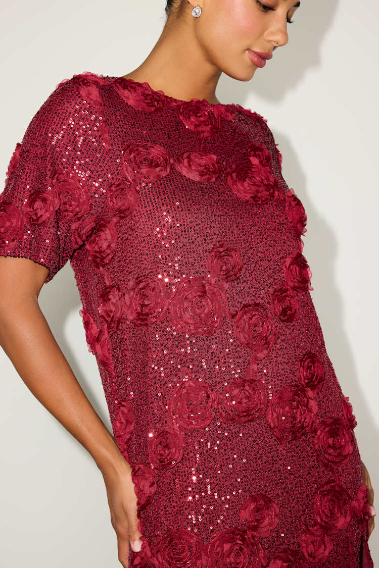 Kayleena Burgundy Sequin Rosette Tie-Back Shift Dress