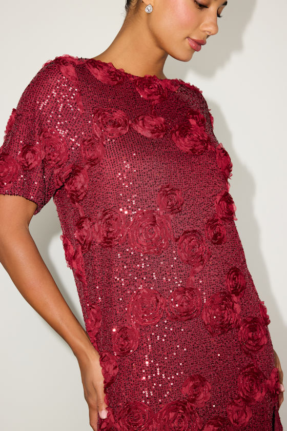Kayleena Burgundy Sequin Rosette Tie-Back Shift Dress 2