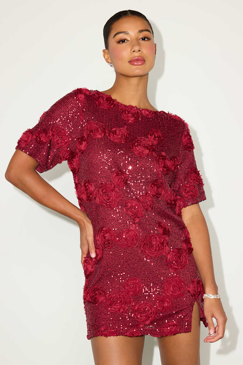Kayleena Burgundy Sequin Rosette Tie-Back Shift Dress