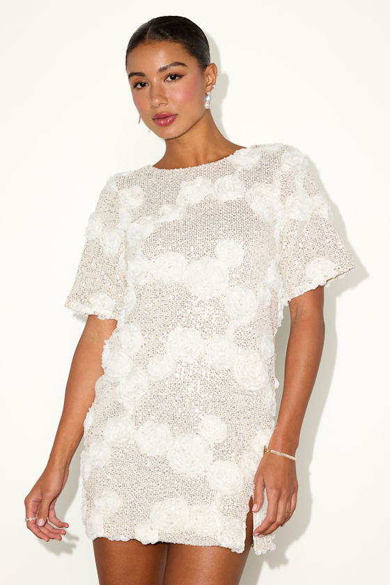 Kayleena Ivory Sequin Rosette Tie-Back Shift Dress 1