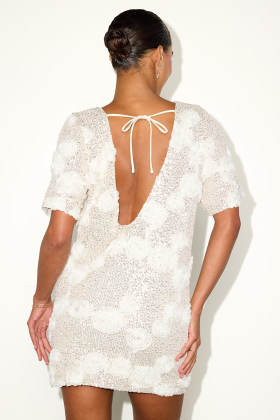 Kayleena Ivory Sequin Rosette Tie-Back Shift Dress - thumbnail 5
