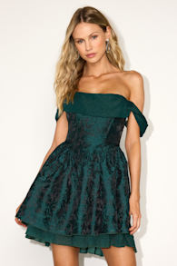 Kalara Dark Green Jacquard Off-the-Shoulder Mini Dress 1