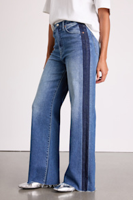 Far Out Medium Wash Striped Raw Hem Wide-Leg Jeans 1