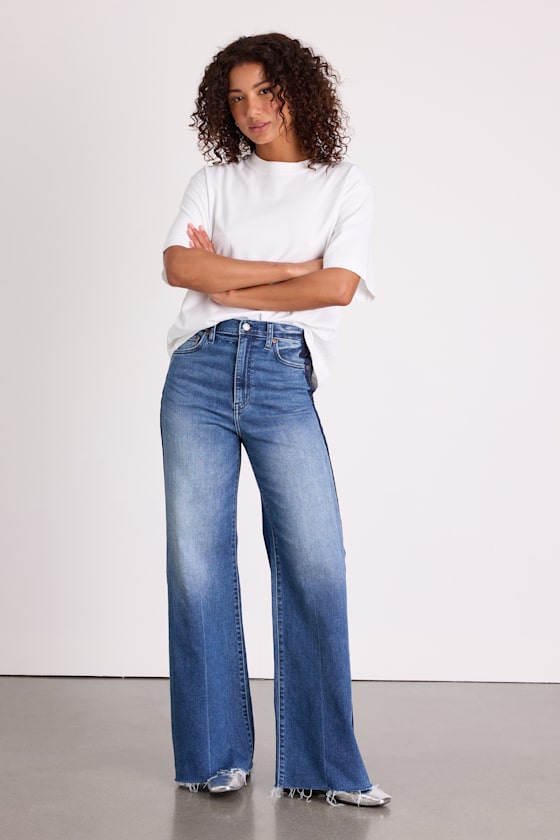Far Out Medium Wash Striped Raw Hem Wide-Leg Jeans - thumbnail 2