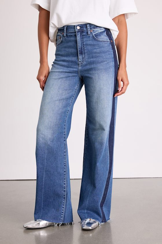 Far Out Medium Wash Striped Raw Hem Wide-Leg Jeans - thumbnail 3