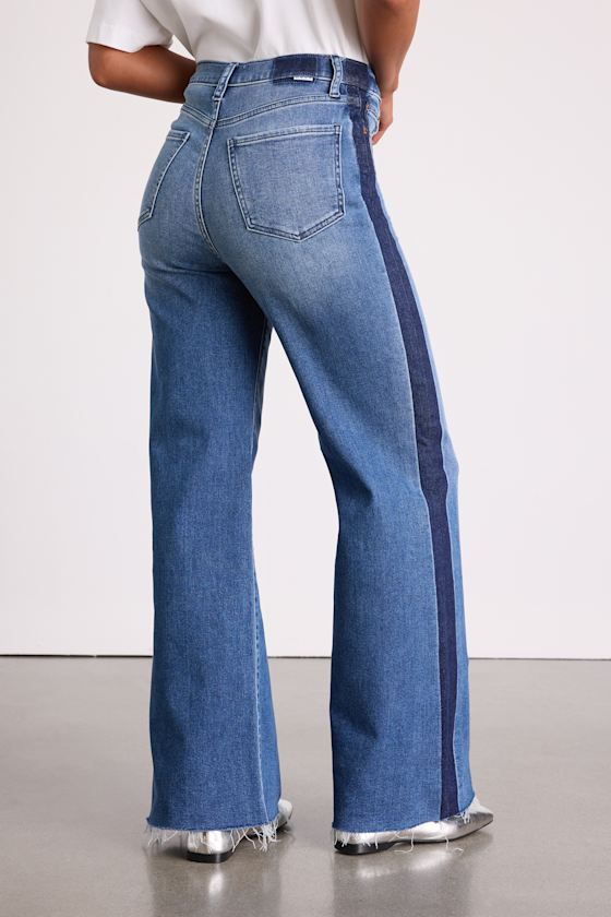 Far Out Medium Wash Striped Raw Hem Wide-Leg Jeans - thumbnail 4