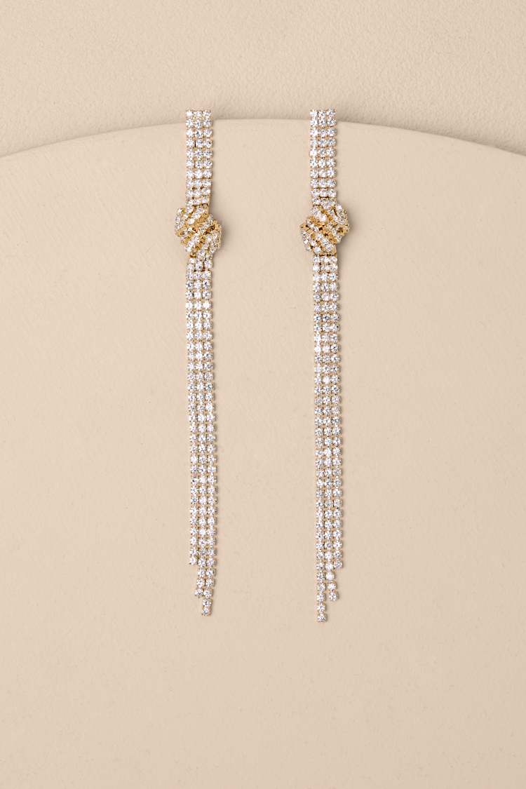 Magnolia Gold Rhinestone Knotted Fringe Duster Earrings