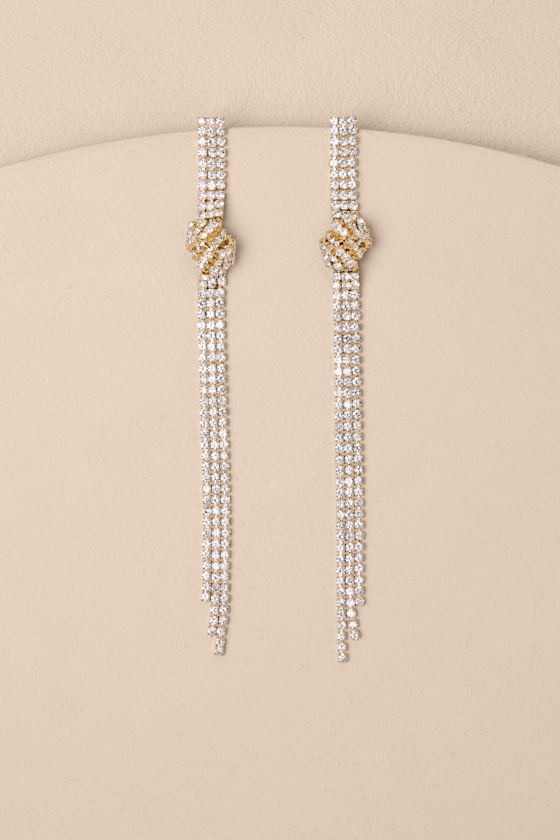 Magnolia Gold Rhinestone Knotted Fringe Duster Earrings