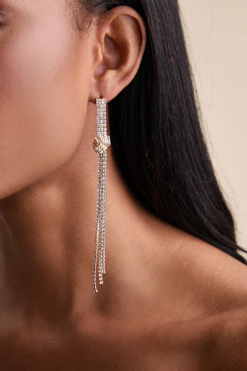 Magnolia Gold Rhinestone Knotted Fringe Duster Earrings