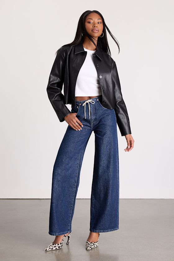 Madison Dark Wash Drawstring Wide-Leg Jeans 1