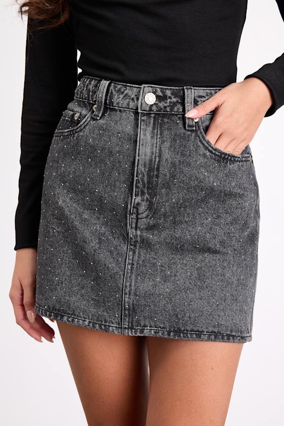 Stash Washed Black Denim Rhinestone Mini Skirt 2