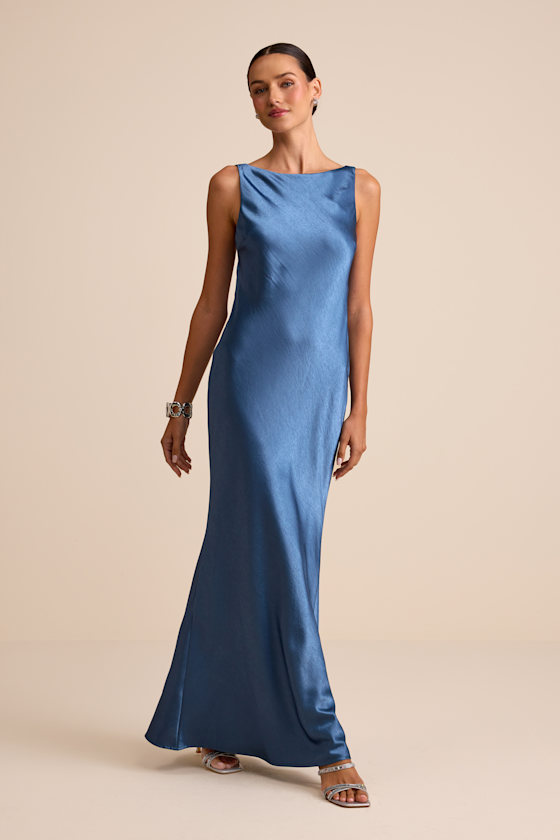 Janita Slate Blue Satin Sleeveless Cowl Back Maxi Dress 2