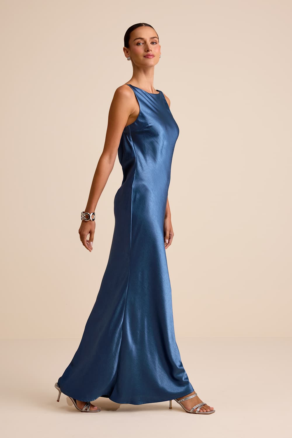 Janita Slate Blue Satin Sleeveless Cowl Back Maxi Dress