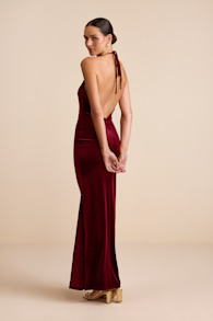 Emelina Wine Red Velvet Halter Maxi Dress 3