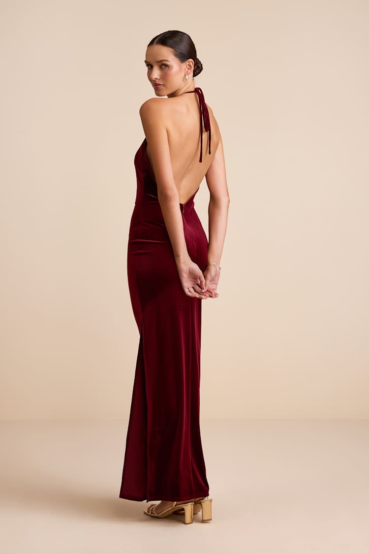 red velvet backless dress Wine Red Velvet Maxi - Backless Gown - Strappy Back Maxi Dress
