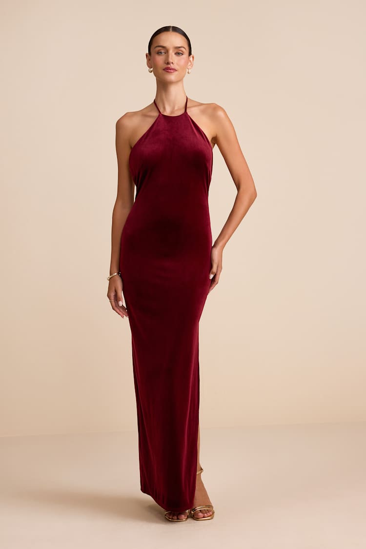 burgundy velvet halter dress Wine Red Maxi - Backless Maxi - Neck Maxi and double bar hook