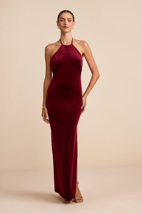 Emelina Wine Red Velvet Halter Maxi Dress 4