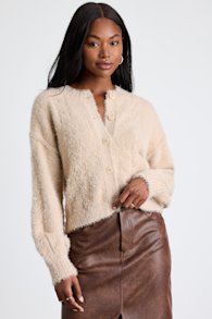 Ashby Beige Braided Eyelash Knit Cardigan Sweater 1