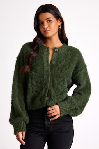 Ashby Dark Green Braided Eyelash Knit Cardigan Sweater 1