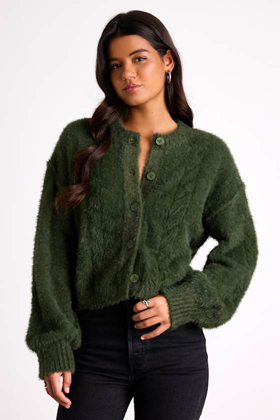 Ashby Dark Green Braided Eyelash Knit Cardigan Sweater 1