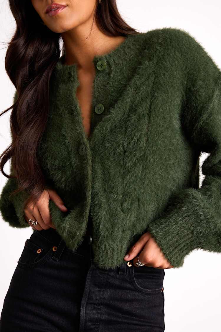 Ashby Dark Green Braided Eyelash Knit Cardigan Sweater