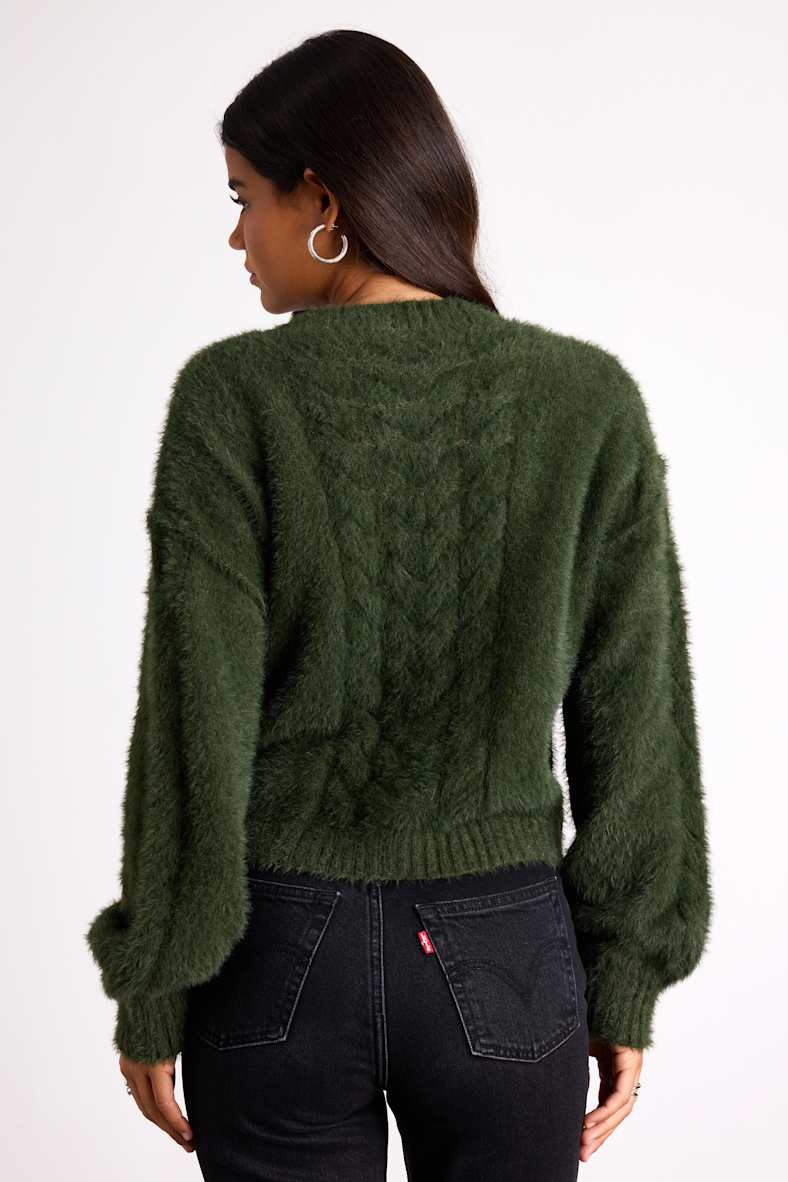 Ashby Dark Green Braided Eyelash Knit Cardigan Sweater