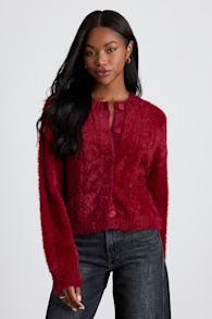 Ashby Berry Red Braided Eyelash Knit Cardigan Sweater 1