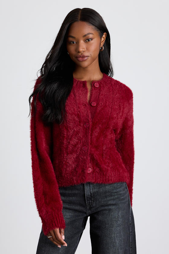 Ashby Berry Red Braided Eyelash Knit Cardigan Sweater 1