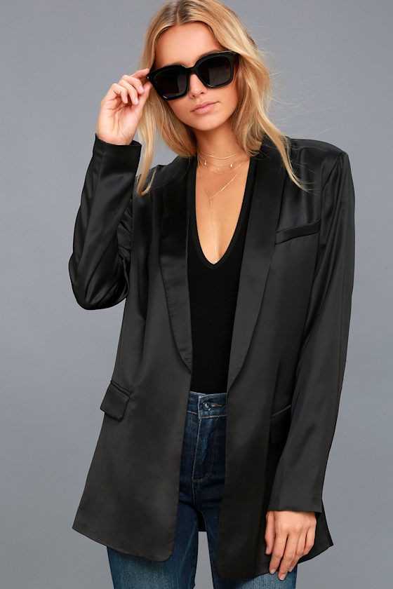 Stylish Pursuit Black Satin Blazer 2