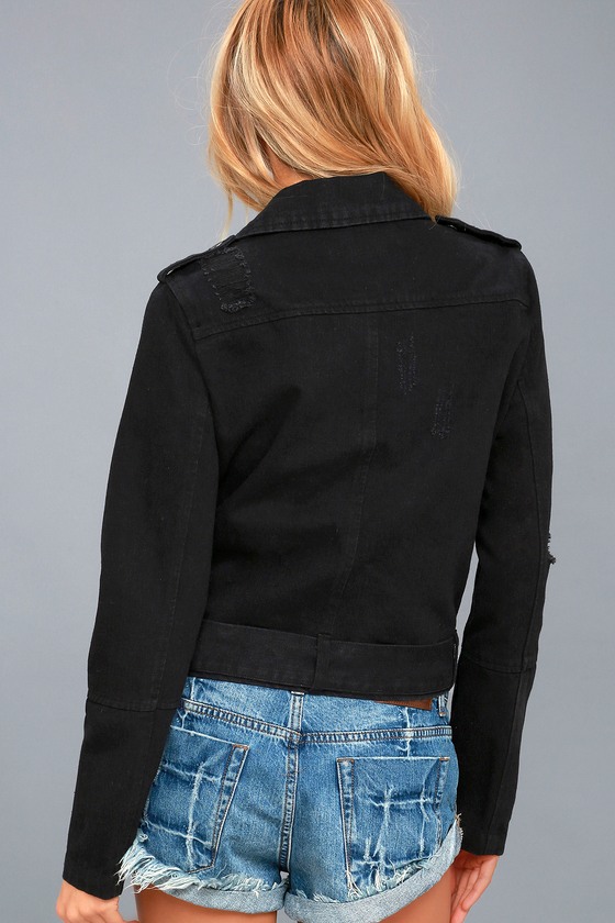 Cool Black Denim Moto Jacket Distressed Denim Jacket