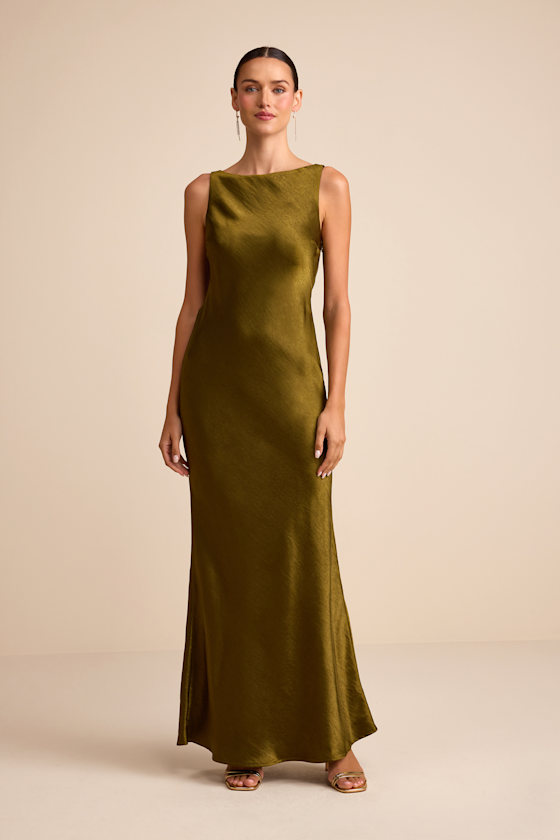 Janita Olive Satin Sleeveless Cowl Back Maxi Dress 4