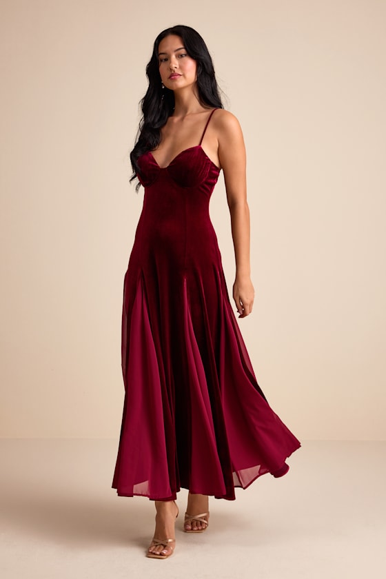 Elisha Burgundy and Red Velvet Pleated Midi Dress 1