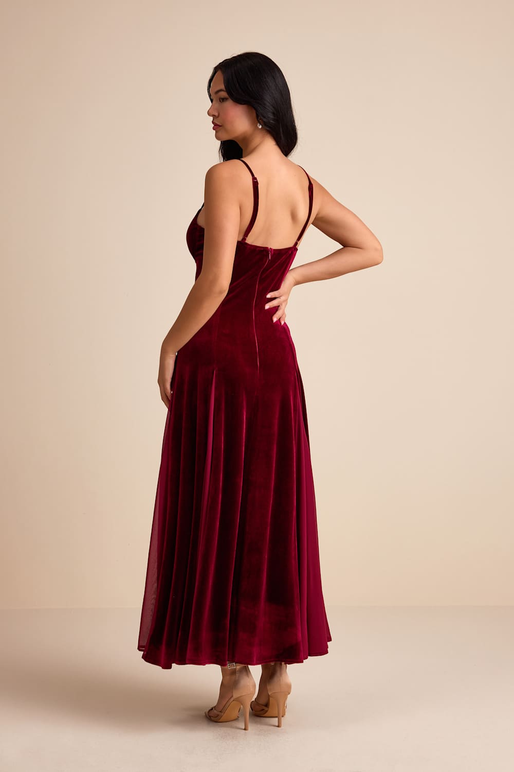 Elisha Burgundy and Red Velvet Pleated Midi Dress