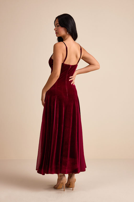 Elisha Burgundy and Red Velvet Pleated Midi Dress