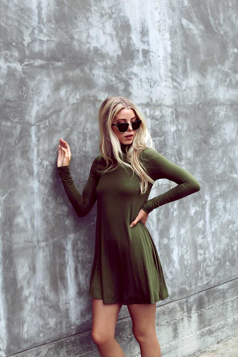 olive green swing dress 3/4 sleeve swing dress