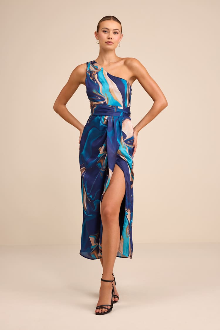 Rhema Blue Multi Abstract Print Satin Midi Dress