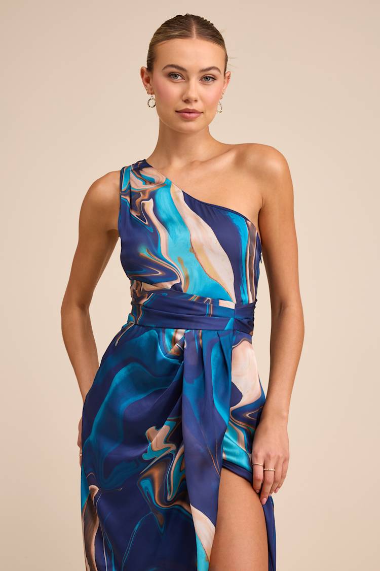 Lulus | Blue Multi Abstract Print Satin Midi Dress | Womens | X-Small (Available in XXL, S, L) | 100% Polyester