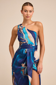 Rhema Blue Multi Abstract Print Satin Midi Dress 2