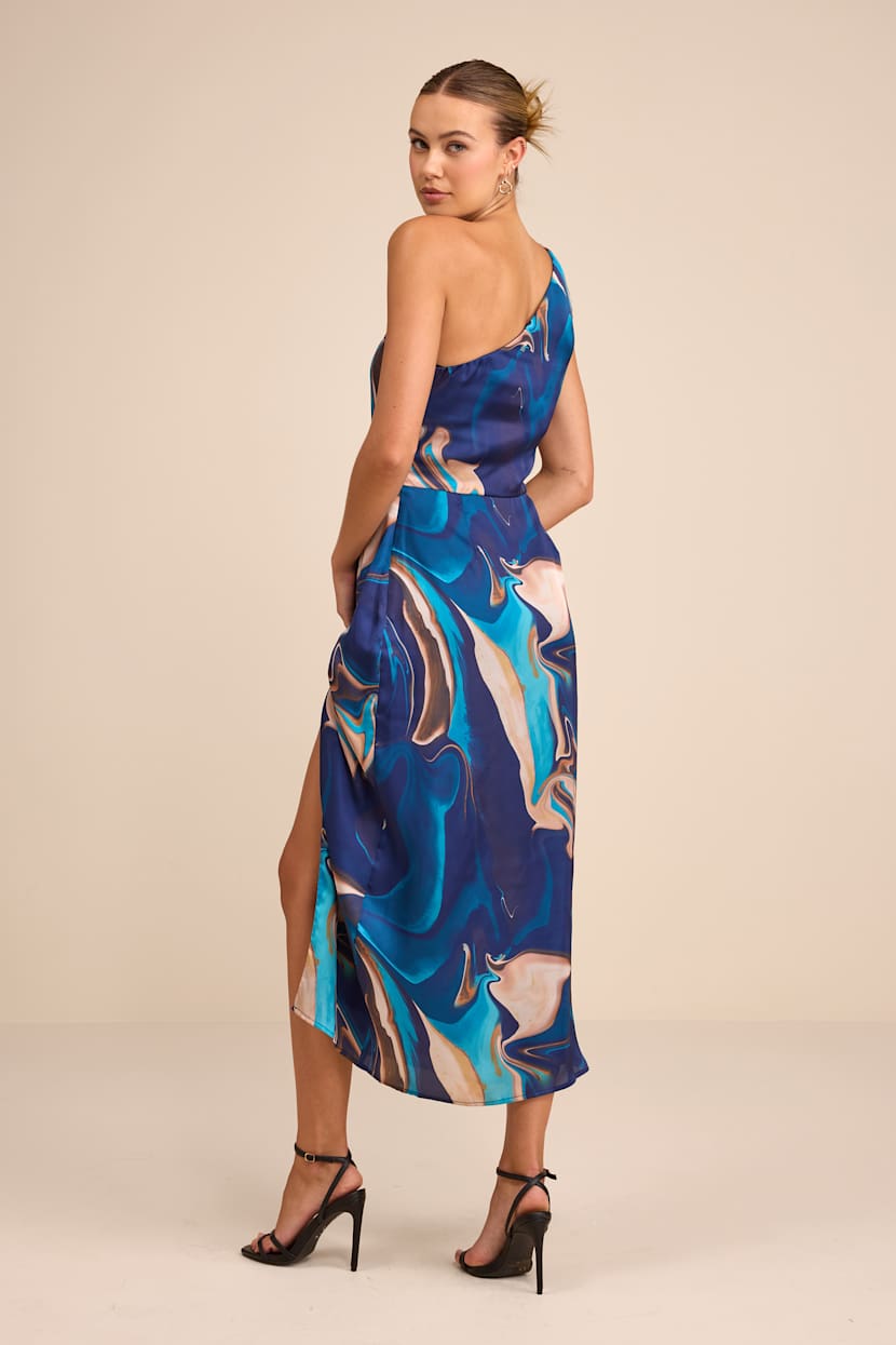 Rhema Blue Multi Abstract Print Satin Midi Dress