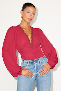 Cadria Berry Red Long Sleeve Ruched Bodysuit 1