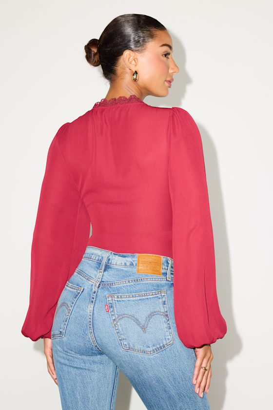 Cadria Berry Red Long Sleeve Ruched Bodysuit 2