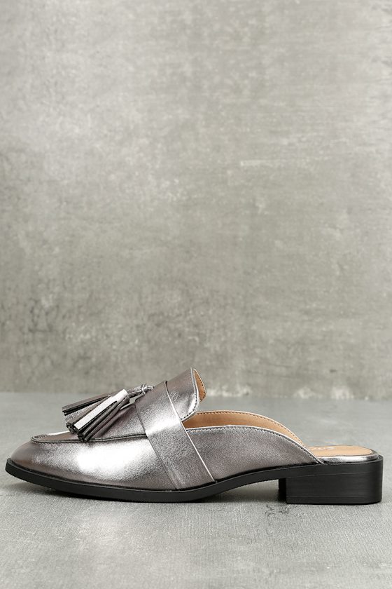 Trendy Loafer Slides Gunmetal Loafer Slides Vegan Slides Lulus