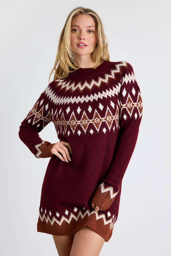 Becklynn Burgundy Fair Isle Sweater Mini Dress 1