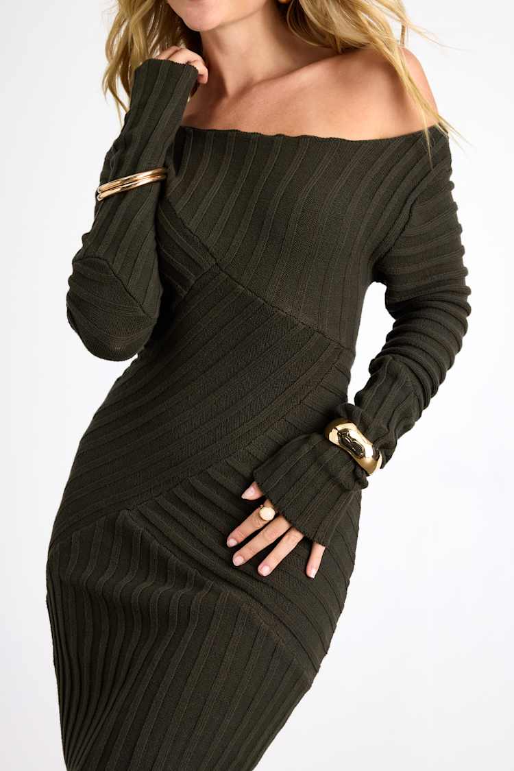 Penelope Dark Olive Ribbed Off-the-Shoulder Sweater Mini Dress