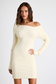 Penelope Cream Ribbed Off-the-Shoulder Sweater Mini Dress 1