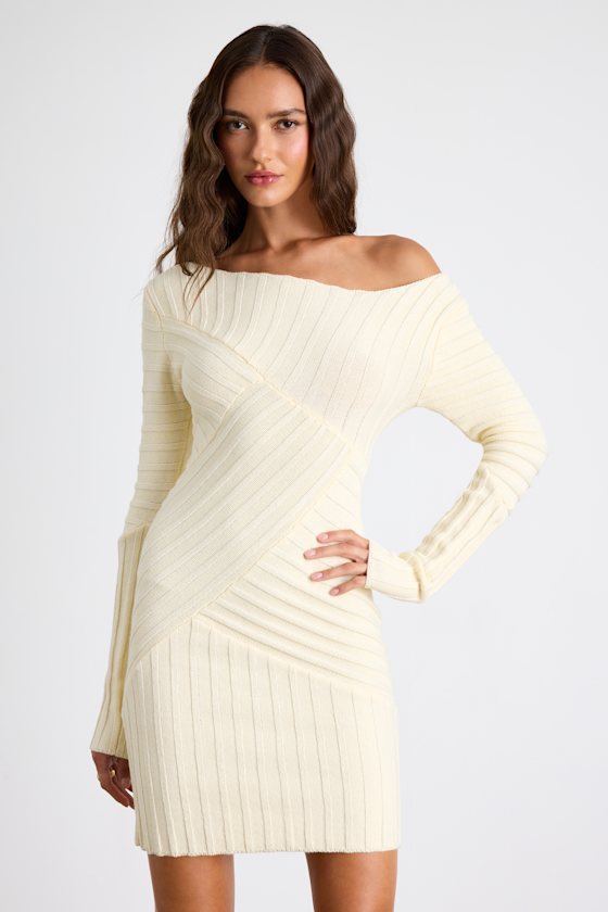 Penelope Cream Ribbed Off-the-Shoulder Sweater Mini Dress 1