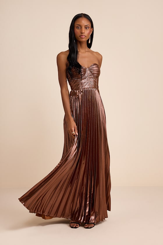 Shoshone Brown Pleated Lurex Strapless Bustier Maxi Dress 1