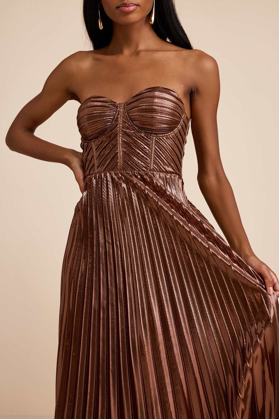 Shoshone Brown Pleated Lurex Strapless Bustier Maxi Dress