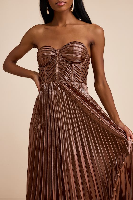 Shoshone Brown Pleated Lurex Strapless Bustier Maxi Dress 2