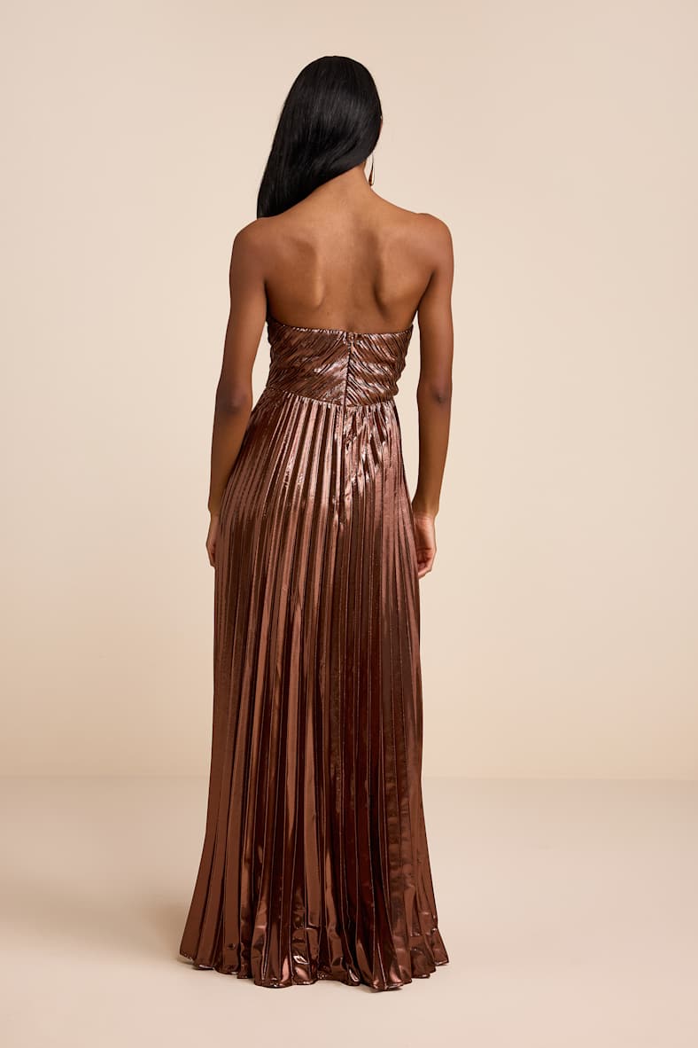 Shoshone Brown Pleated Lurex Strapless Bustier Maxi Dress